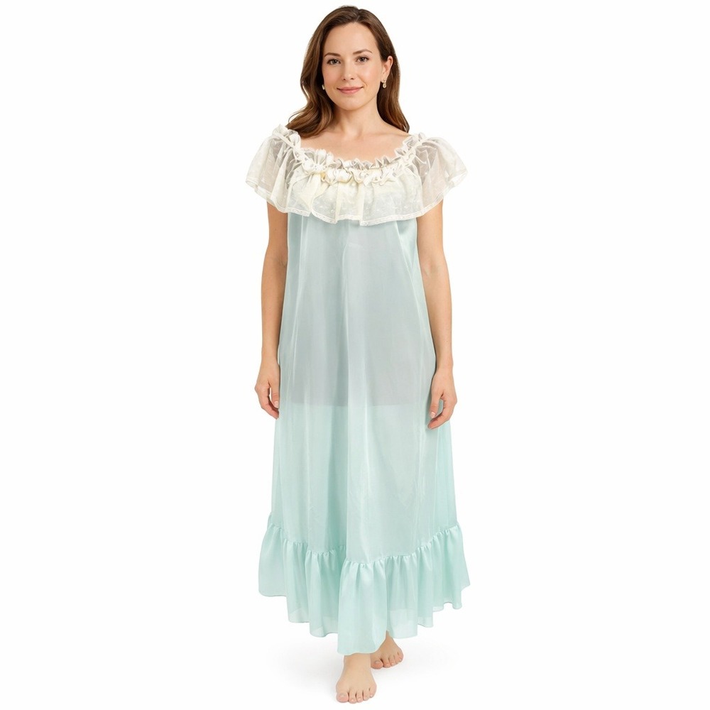 Vintage Lily Of France Ivory Crochet Lace‎ Trim Blue Satin Polyester Dress